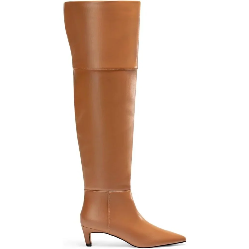 Women Brown Pu Thigh High Pointed Toe Kitten Heel Over the Knee Long Boot